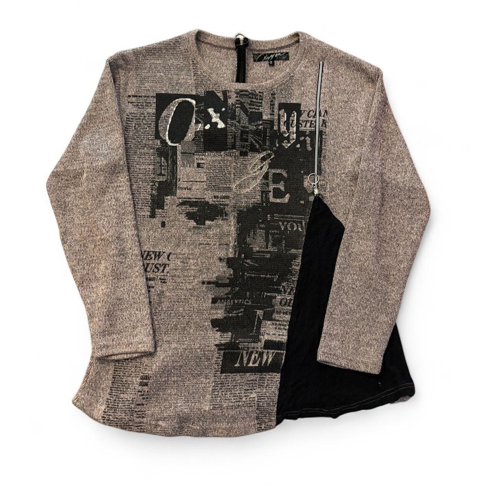Oxygen Y2K Abstract Graphic Long Sleeve Top XL Black Gray Asymmetrical Tunic